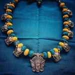 Kalamkari goddess dark green and yellow necklace set
