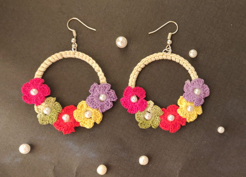 Handcrafted flower design crochet hoop earrings