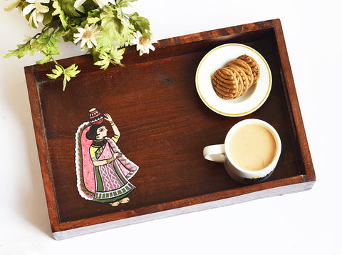 Hand painted Madhubani Lady Solid Wood Serving Tray