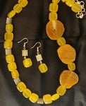 Yellow square agates and natural stones single layer necklace with silver oxidised beads and earrings