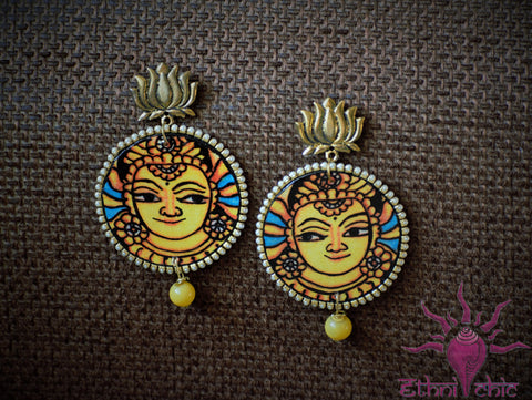 Ethniichic Hand Painted Yellow Color Mural Design With Yellow Agate Beads Earring