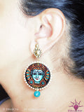 Ethniichic Hand Painted Blue Color Mural Design With Blue Agate Beads Earring set