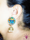 Ethniichic Hand Painted Blue Color Mural Design With a hanging Jhumka Earring