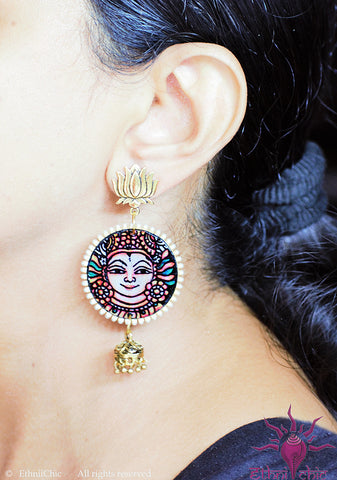 Ethniichic Hand Painted Blue Color Mural Design With a hanging Jhumka Earrings