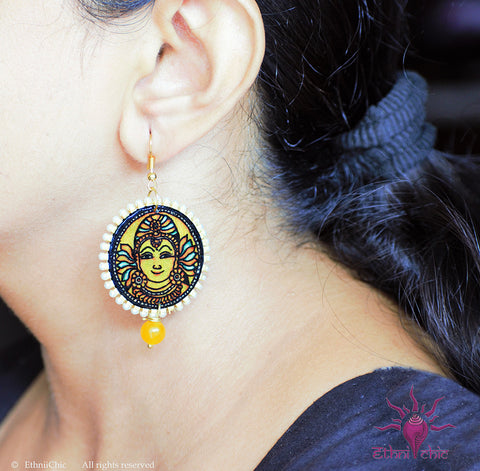 Ethniichic Hand Painted Yellow Color Mural Design With Yellow Color Agate Beads Earring