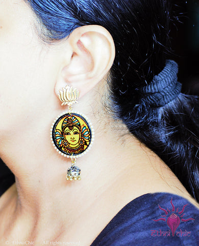 Ethniichic Hand Painted Yellow Color Mural Design With a hanging Jhumka Earrings set