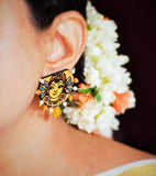 Ethniichic Hand Painted Yellow Color Mural Design With White And Orange Color Agate Beads Earring