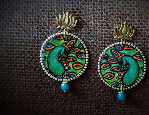 Ethniichic Hand Painted Green Color Mural Peacock Design With Blue Agate Beads Earring