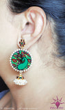 Ethniichic Hand Painted Green Color Mural Peacock Design With hanging Pearls Earring