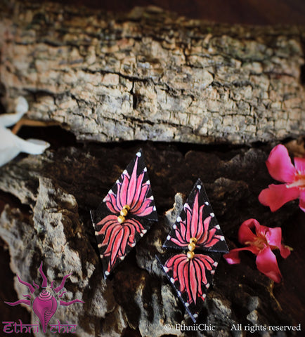 Ethniichic Hand painted Pink Color Lotus Design Studs Earring