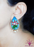 Ethniichic Hand painted Blue Color Mural Lotus Design With white Color Agate Beads Stud earring