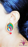Ethniichic Hand painted MultiColor Mural Peacock Design With red Color Agate Beads Studs earring