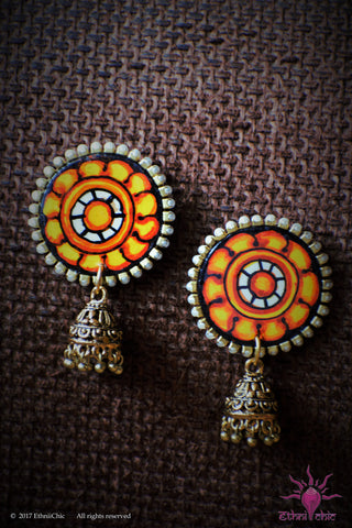 Ethniichic Hand painted Orange Color Mural Motif Design With a Hanging Jhumka Earring