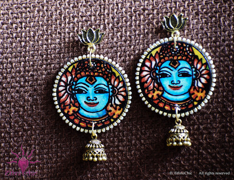 Ethniichic Hand painted Blue Color Krishna Mural Design With a Hanging Jhumka Earring