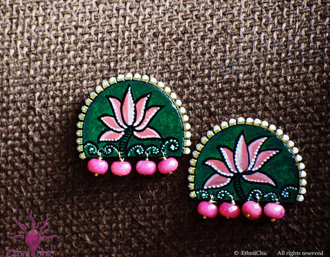 Ethniichic Hand painted Green Color Lotus Design with Pink Color Glass Beads Stud earring