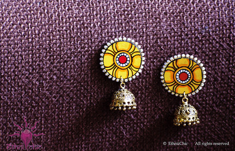 Ethniichic Hand painted yellow color Mural Design With hanging Jhumka earrings set
