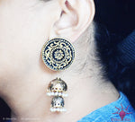 Ethniichic Hand Painted Black and Gold Color Mural Design With a Hanging Jhumka Earring