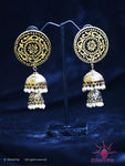 Ethniichic Hand Painted Black and Gold Color Mural Design With a Hanging Jhumka Earring