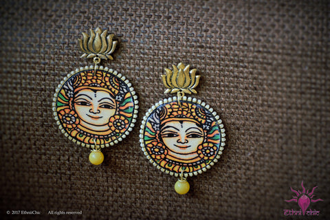 Ethniichic Hand painted Peach Color Apsara Mural Design With Hanging Agate Beads Earring