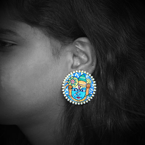 Ethniichic Hand painted Blue Color Pichwai Design Stud earring